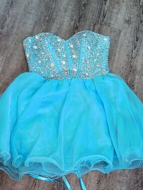Sparkling Teal Blue Prom Dress with Embellished Bodice Size 14